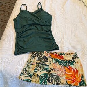 Green Tankini Top with Tropical Skirt